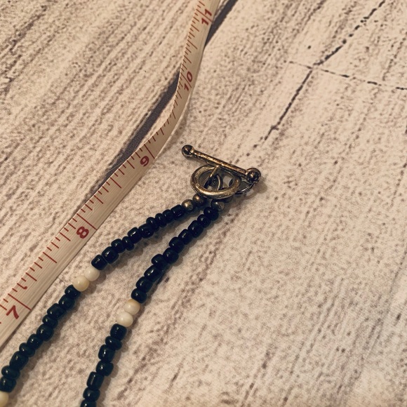 Black Beaded Necklace with Clay White and Blue Pendant - Picture 3 of 5